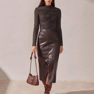 Brown Casual Women's Elegant A-Line Split Hem faux leather Skirt